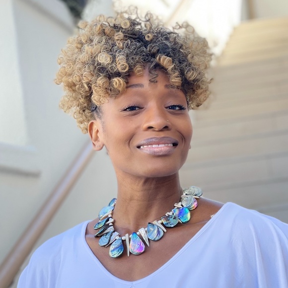 Iridescent Blue Shell Beaded Necklace w/ Tan Shell Pieces - Picture 2 of 6